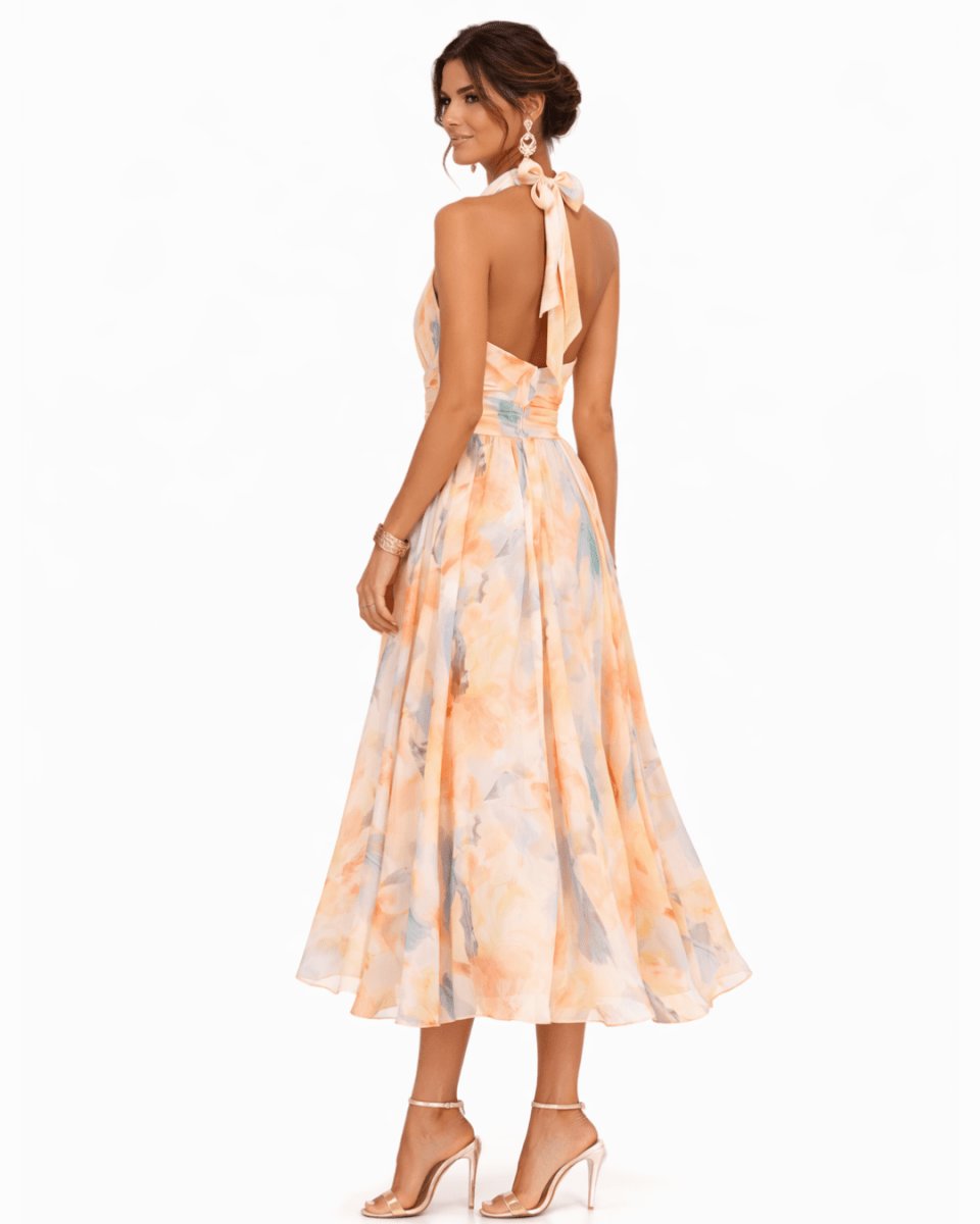 Aurora | Vestido con cuello halter y estampado de acuarela - SERELYA STUDIO