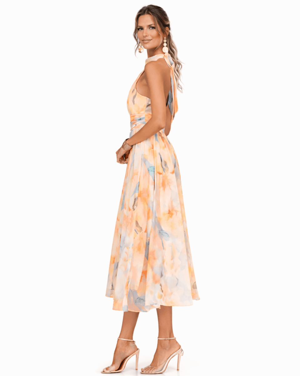 Aurora | Vestido con cuello halter y estampado de acuarela - SERELYA STUDIO