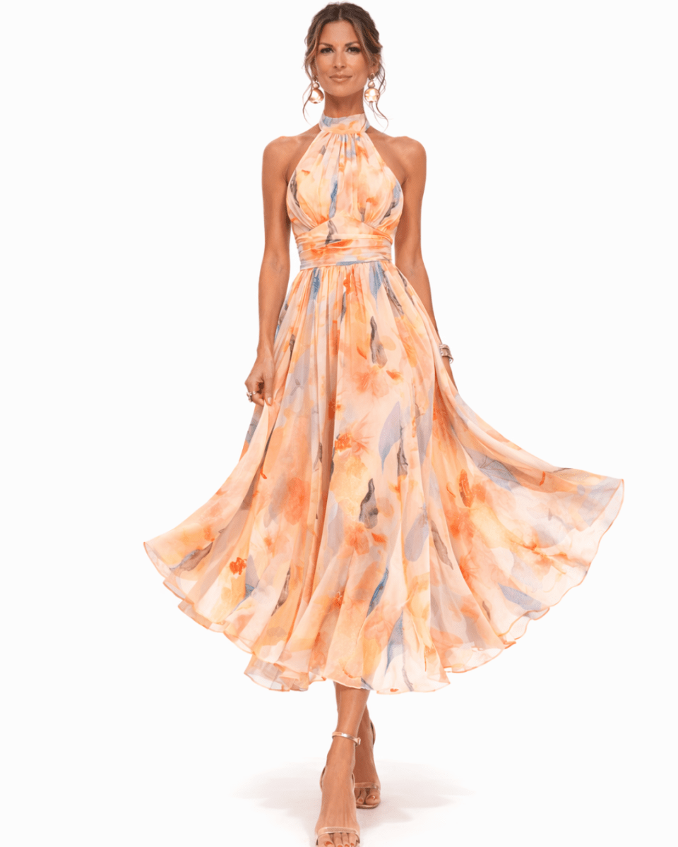 Aurora | Vestido con cuello halter y estampado de acuarela - SERELYA STUDIO