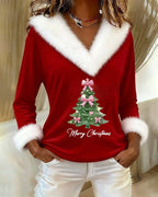 Elegante top navideño con ribete de piel