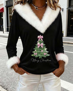 Elegante top navideño con ribete de piel