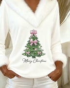 Elegante top navideño con ribete de piel