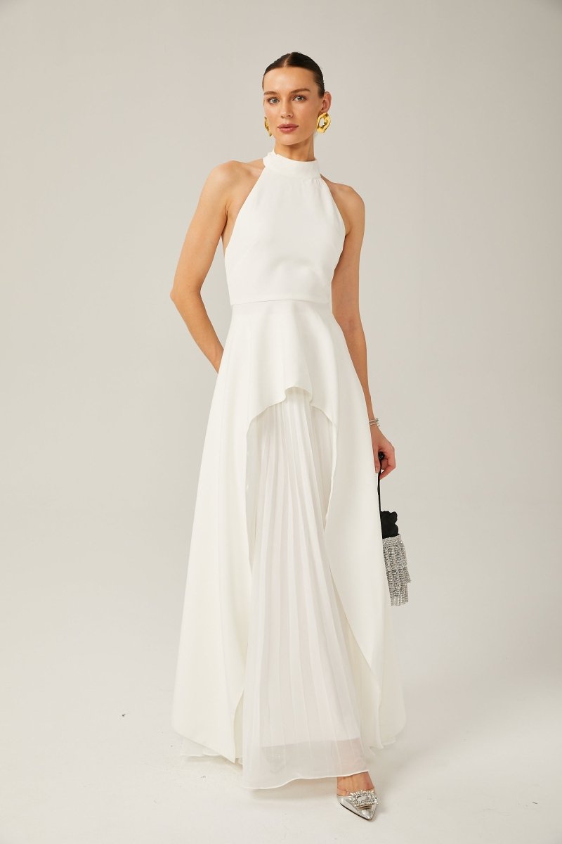 Inés - Vestido largo de capas con cuello halter - Serelya Studio