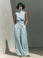 Maria - Conjunto minimalista de camiseta sin mangas y pantalón de pierna ancha de algodón y lino para mujer - SERELYA STUDIO