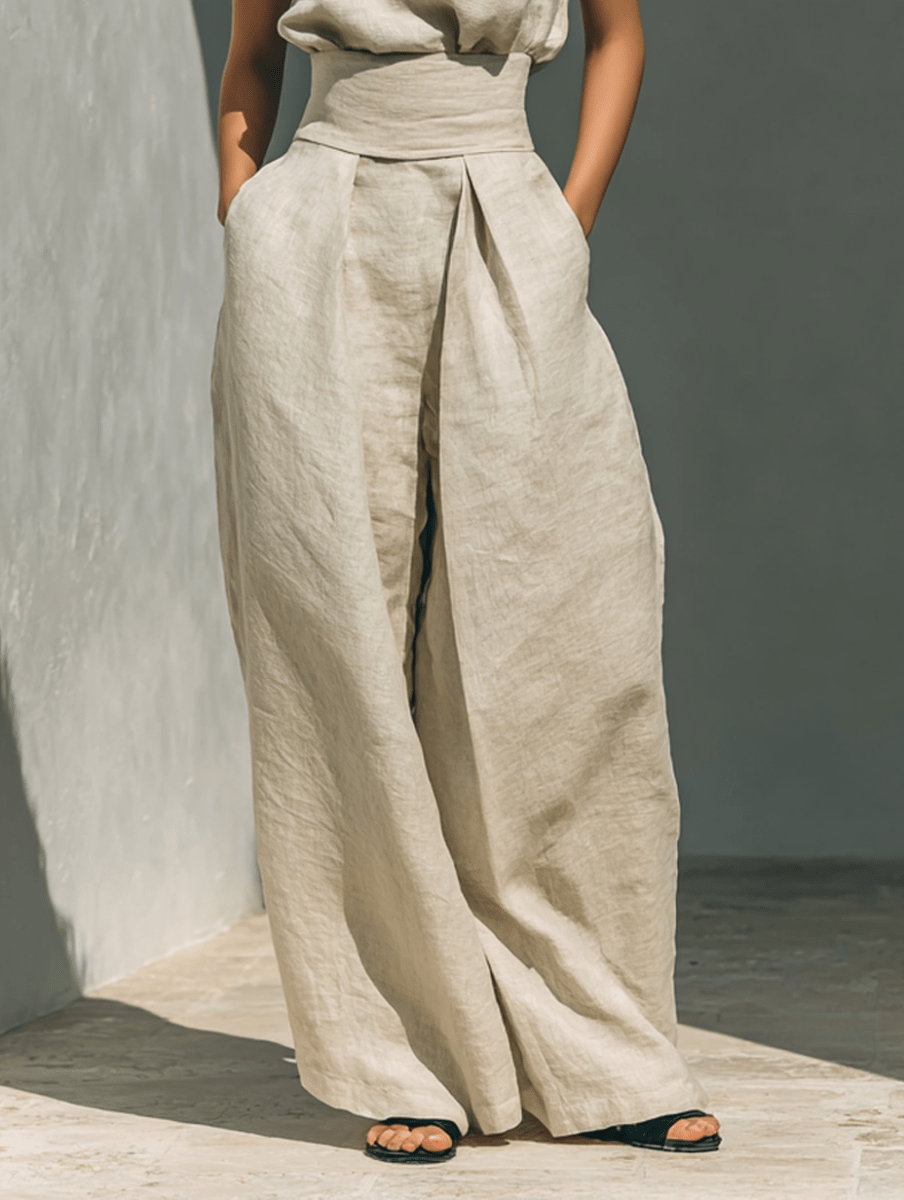 Maria - Conjunto minimalista de camiseta sin mangas y pantalón de pierna ancha de algodón y lino para mujer - SERELYA STUDIO