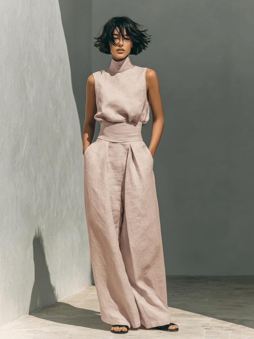 Maria - Conjunto minimalista de camiseta sin mangas y pantalón de pierna ancha de algodón y lino para mujer - SERELYA STUDIO