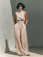 Maria - Conjunto minimalista de camiseta sin mangas y pantalón de pierna ancha de algodón y lino para mujer - SERELYA STUDIO