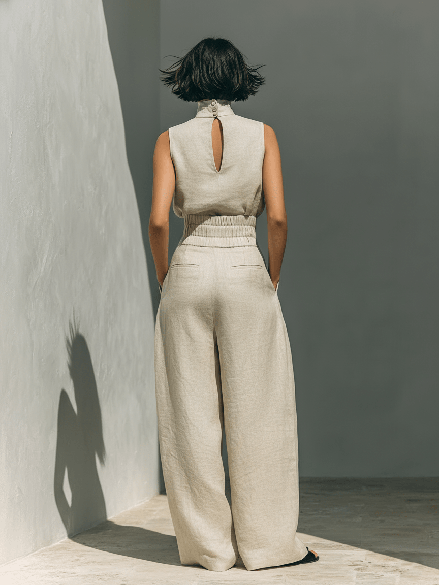 Maria - Conjunto minimalista de camiseta sin mangas y pantalón de pierna ancha de algodón y lino para mujer - SERELYA STUDIO
