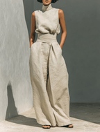 Maria - Conjunto minimalista de camiseta sin mangas y pantalón de pierna ancha de algodón y lino para mujer - SERELYA STUDIO