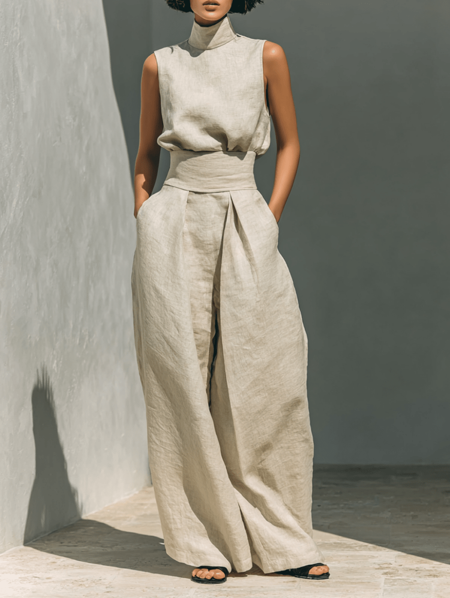 Maria - Conjunto minimalista de camiseta sin mangas y pantalón de pierna ancha de algodón y lino para mujer - SERELYA STUDIO