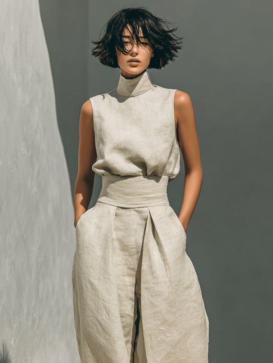 Maria - Conjunto minimalista de camiseta sin mangas y pantalón de pierna ancha de algodón y lino para mujer - SERELYA STUDIO