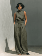 Maria - Conjunto minimalista de camiseta sin mangas y pantalón de pierna ancha de algodón y lino para mujer - SERELYA STUDIO