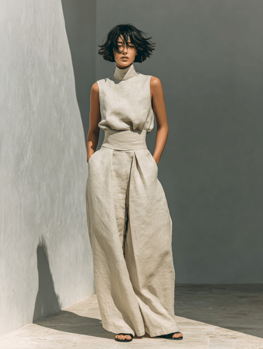 Maria - Conjunto minimalista de camiseta sin mangas y pantalón de pierna ancha de algodón y lino para mujer - SERELYA STUDIO