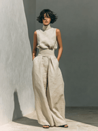 Maria - Conjunto minimalista de camiseta sin mangas y pantalón de pierna ancha de algodón y lino para mujer - SERELYA STUDIO